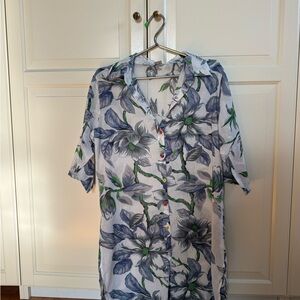Sheer Cotton Floral Button-Down Long Blouse, size M
